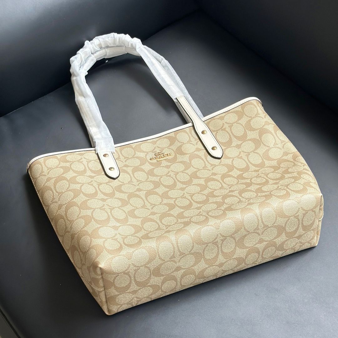 Women's Beige Classic Signature Tote Bag Top Handle Large Capacity White Trim Gold Hardware Zipper Closure Casual Handbag For Work Commute Shopping Travel - 7 of 9