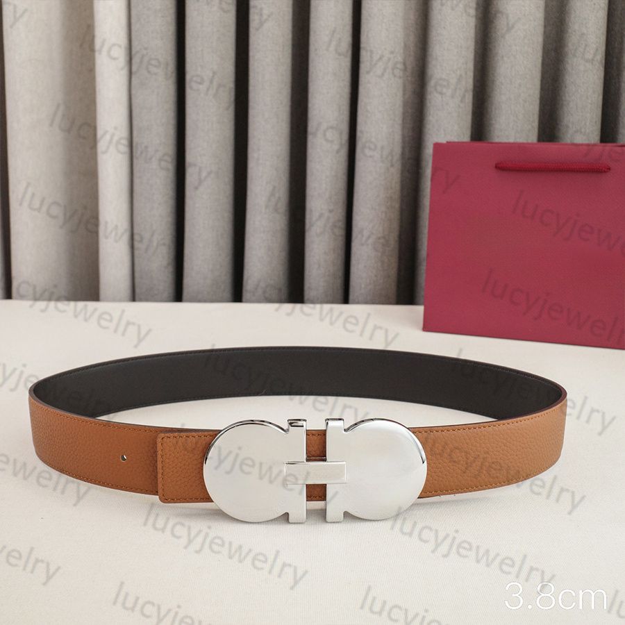 Mens Woman Belt Luxury Genuine Leather Belts Golden Silver Smooth Buckle 3.5cm 3.8cm Width Man Woman Waistband Lychee Texture 16 Model Optional Waist Girdle - 3 of 8
