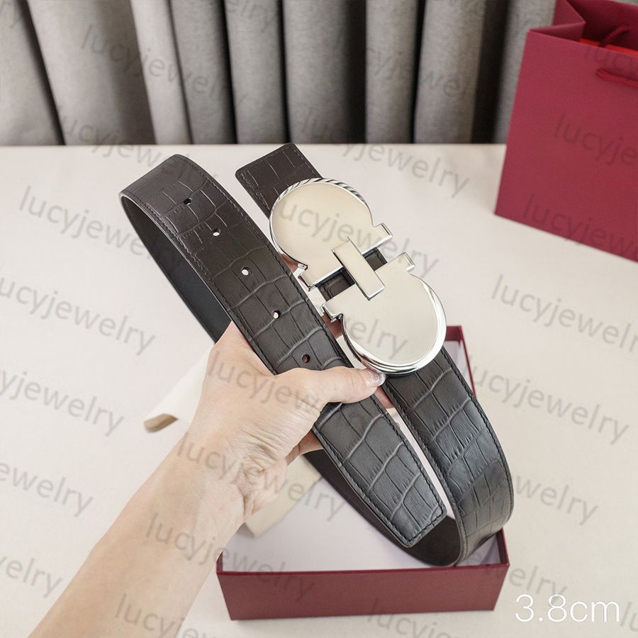 Mens Woman Belt Luxury Genuine Leather Belts Golden Silver Smooth Buckle 3.5cm 3.8cm Width Man Woman Waistband Lychee Texture 16 Model Optional Waist Girdle - 8 of 8