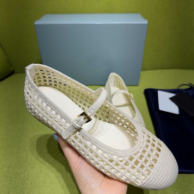 High Quality Crochet Ballet Flats Women Designer Knit Shoes Ladies Hollow Out Woven Mesh Flat Sandals Square Toe Metal Triangle Mary Jane Walking Shoes 1138 - 4 of 8