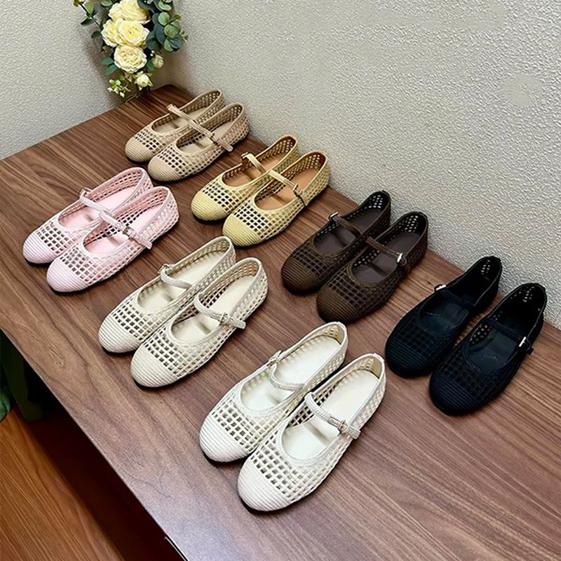 High Quality Crochet Ballet Flats Women Designer Knit Shoes Ladies Hollow Out Woven Mesh Flat Sandals Square Toe Metal Triangle Mary Jane Walking Shoes 1138 - 8 of 8
