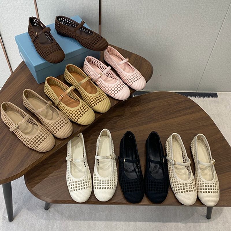 2026 Designer Crochet Knit Hollow Out Ballerina Flats Women Woven Mesh Mary Jane Shoes Triangle Breathable Adjustable Ankle Strap Casual Flat Pumps 1138 - 1 of 8