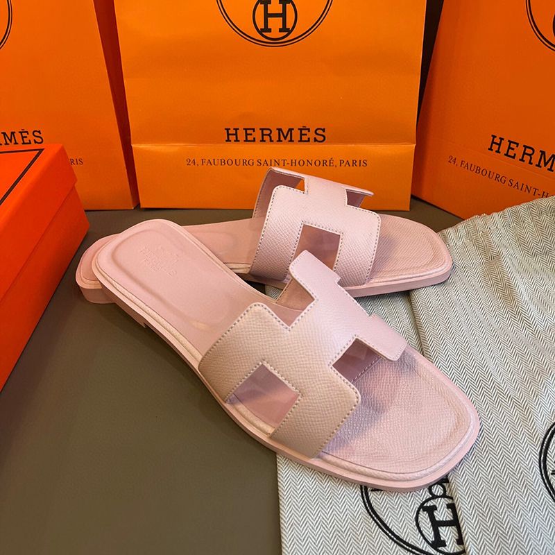 Hermes oran sandals free shipping with box claquette slippers for women designer white pink brown black red luxury flat sandals leather outdoor beach flip flops - 1 of 8