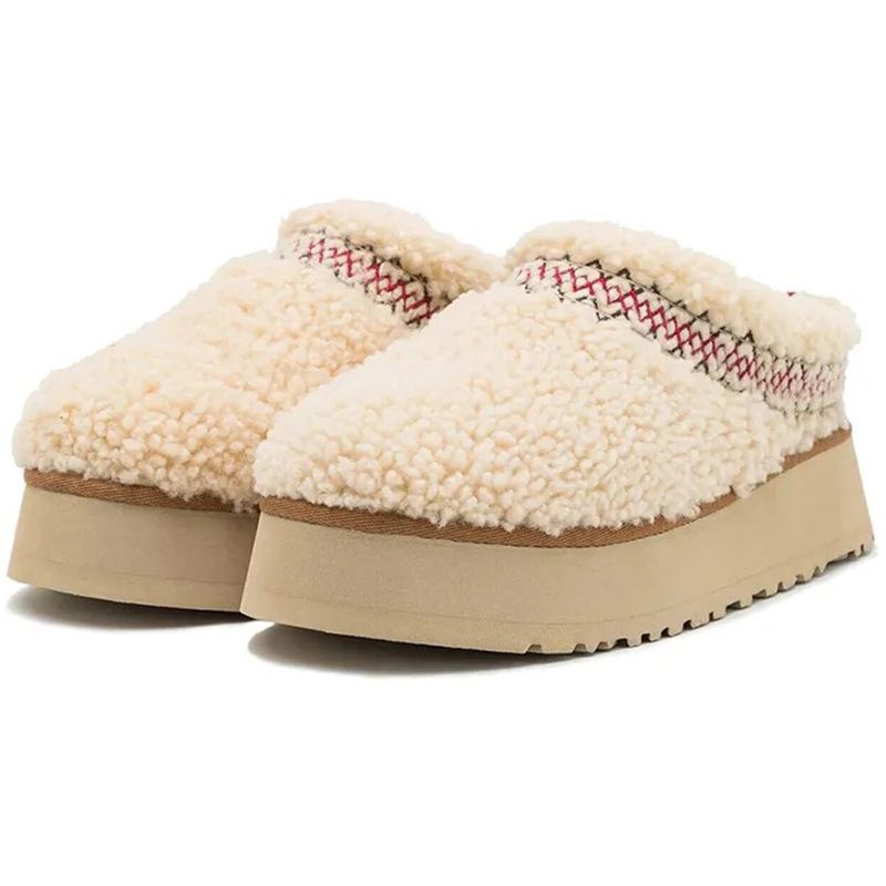 UGG Women's Tazz Platform Slippers Suede Curly Shearling Tribal Stitch Trim Slip On Warm Fur Lined Indoor Outdoor Winter Mule Slides Multiple colors - 8 of 8