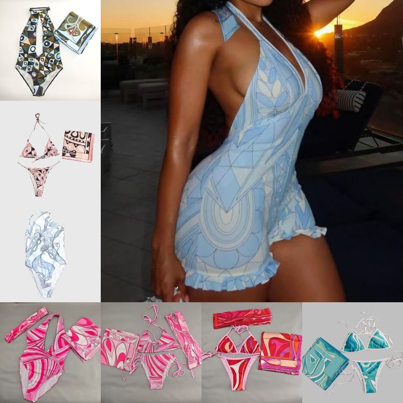 Mixed Prints Bikini Swimwear Headband Scarf Designer Women Sexy V Neck Swimsuits Sarong Skirt Halter Sleeveless Beachwear Beach Holiday Bathing Suits Swimsuit - 1 of 8