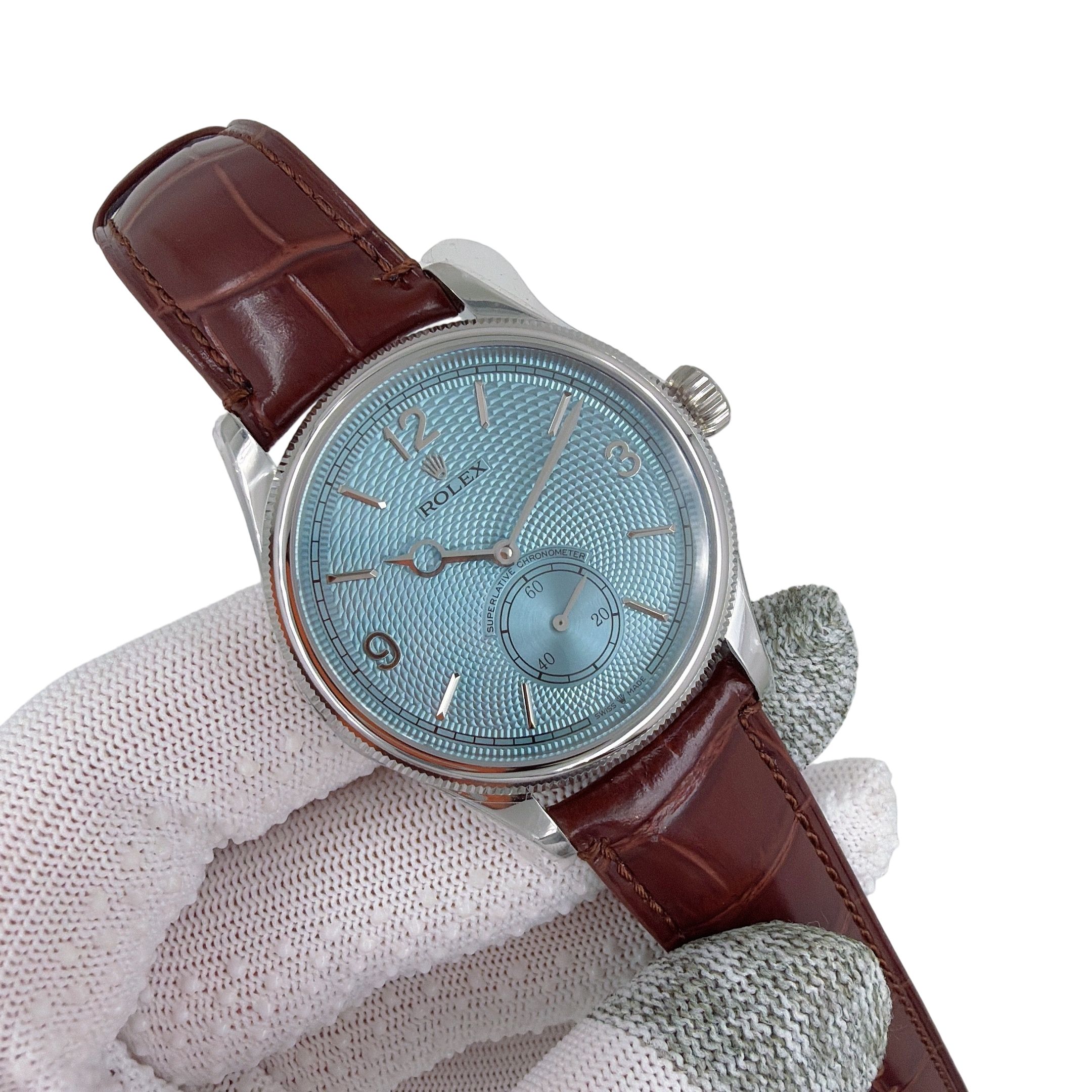 U1 Rolex Cellini Perpetual 1908 Ice Blue 39MM Sapphire Glass Upgraded Strap Automatic Stainless Steel Watch Bezel Men's Watch Case New - 1 of 8