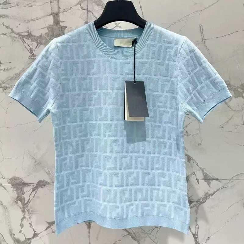 Womens Designer T Shirt Luxury Jacquard Knit Short Sleeve Textured Geometric Pattern Slim Fit Summer Tops - 4 of 7