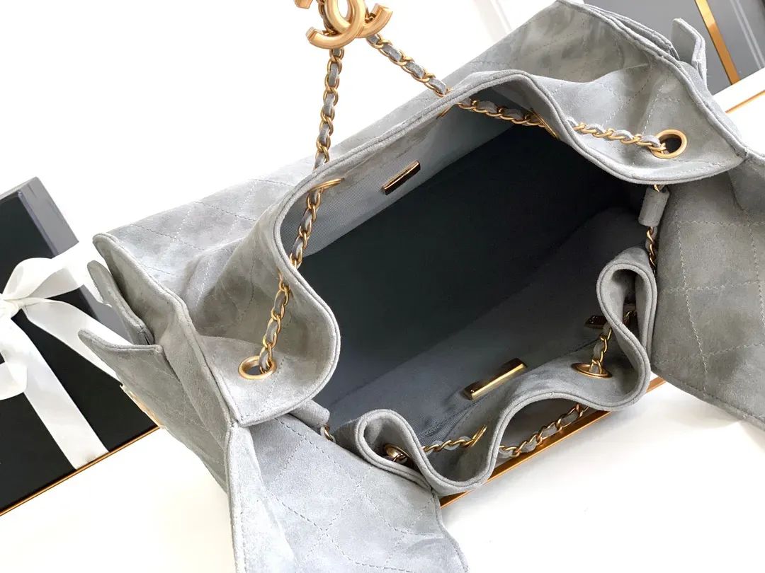 Designer Bag String Bucket Tote bag Large Suede Leather Gray Casual Long Chain Crossbody Fashion with box - 6 of 8