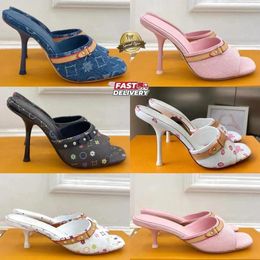 Women's Designer Cat-Heel Denim Mules, Pink Leather High Top, Summer and Autumn Lightweight Luxury Open-Toe Shoes, Elegant Women's Low Heel Shoes, Sizes 36-42 - zorviavip