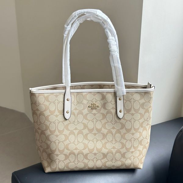 Women's Beige Classic Signature Tote Bag Top Handle Large Capacity White Trim Gold Hardware Zipper Closure Casual Handbag For Work Commute Shopping Travel - Bags, Luggage & Accessories - zorviavip