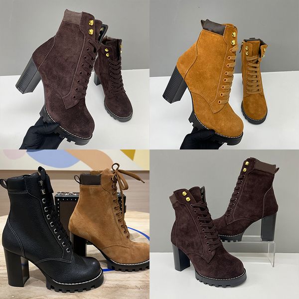 2026 Luxury Star Trail Ankle Boots Premium Women's Suede Calf Leather High-Heel Boot Camel Brown Chunky Block Heels Trendy Winter Footwear 1178 - Shoes & Accessories - zorviavip
