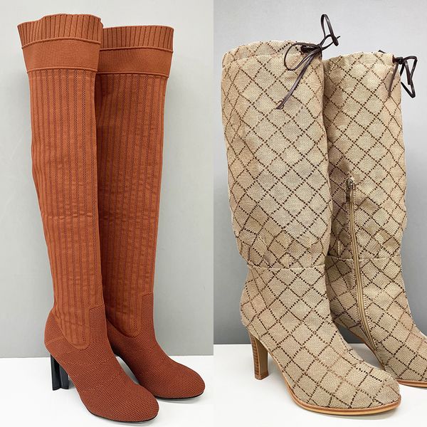 2026 Women Designer Boots Over The Knee Sock Boot Winter Socks Long Boot Adjustable Straps Canvas Zipper Laces Original Shoes Ladies Girls Sexy Knee High Boot 335 - Shoes & Accessories - zorviavip