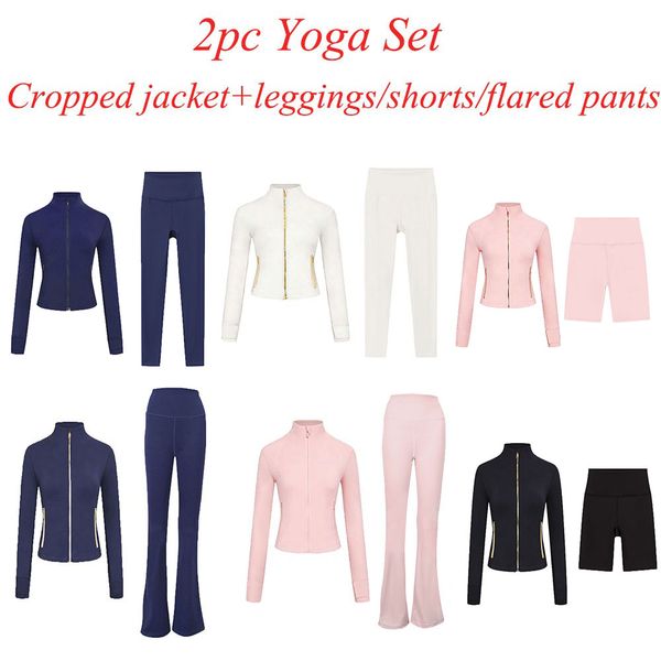 2Pc Gym Set Cropped Jacket Gym Clothe Woman Crop Jacket Women Leggings Run Short Workout Outfits Fitness Leggings for Woman Designer - Sports & Outdoors - zorviavip
