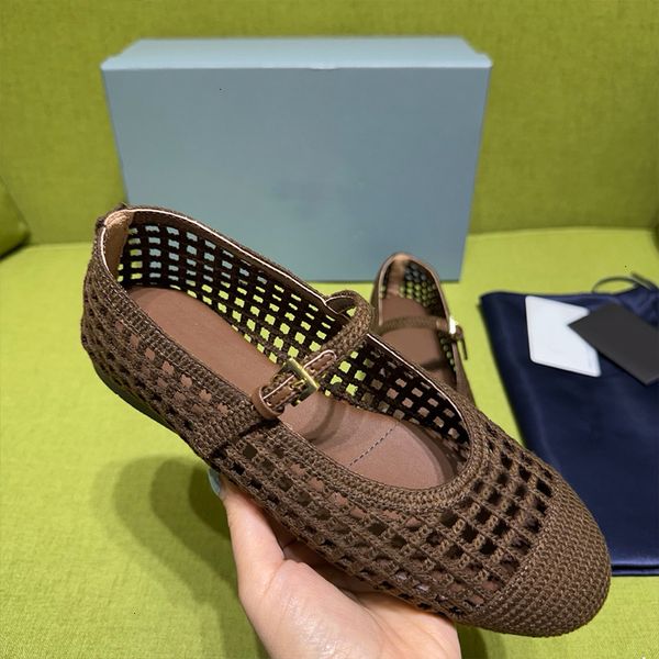 High Quality Crochet Ballet Flats Women Designer Knit Shoes Ladies Hollow Out Woven Mesh Flat Sandals Square Toe Metal Triangle Mary Jane Walking Shoes 1138 - Shoes & Accessories - zorviavip