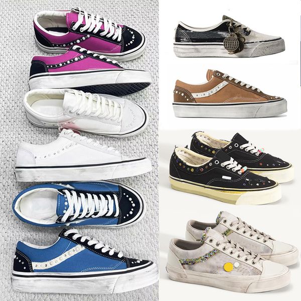 Designer Men Women Vintage Distressed Canvas Trainers Luxury Pearl Side Stripe Sneakers Multi Material Spliced Lace Up Walking Shoes 1083 - Shoes & Accessories - zorviavip