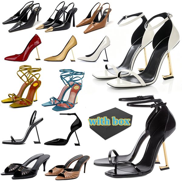 with box designer dress shoes Patent Leather Ankle Strap High Heels popular Sandals for Women Square Open Toe comfort Party Wedding Stiletto gold white - Shoes & Accessories - zorviavip