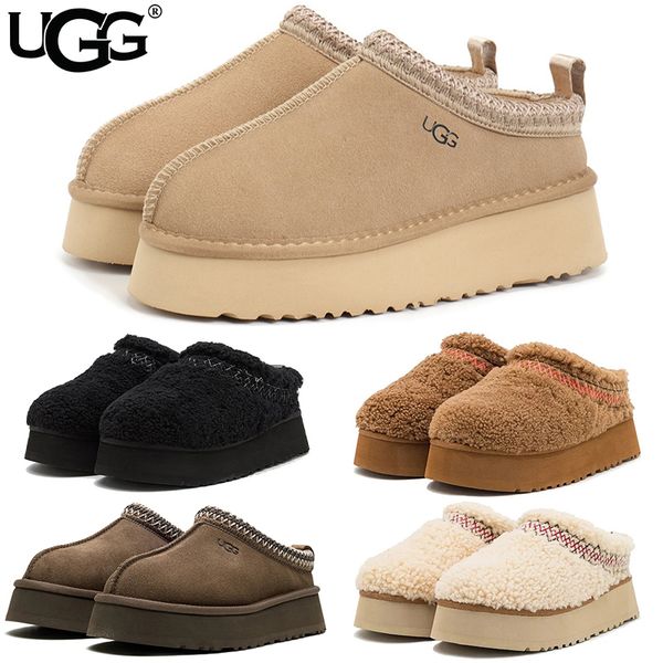 UGG Women's Tazz Platform Slippers Suede Curly Shearling Tribal Stitch Trim Slip On Warm Fur Lined Indoor Outdoor Winter Mule Slides Multiple colors - Shoes & Accessories - zorviavip