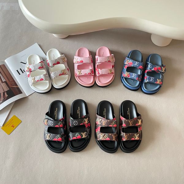 LV x TM Pool Pillow Flat Mule Cherry Print Platform Slide Sandals Women Adjustable Double Strap Metal Thick Sole Casual Outdoor Beach Couple Slippers Multiple colors - Shoes & Accessories - zorviavip