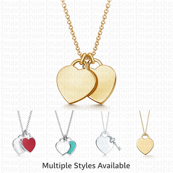 Designer Blue Heart Necklace for Women Double Heart Charm Necklace Silver Pendant Necklace Romantic Jewelry Gift for Her