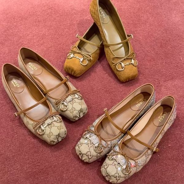 Horsebit Ballet Flat Shoes Designer Shoes Women Dress Fashion Luxury Suede Leather Stin Canvas Pig Nose Square Headbow Mary Jane Shoes - Shoes & Accessories - zorviavip