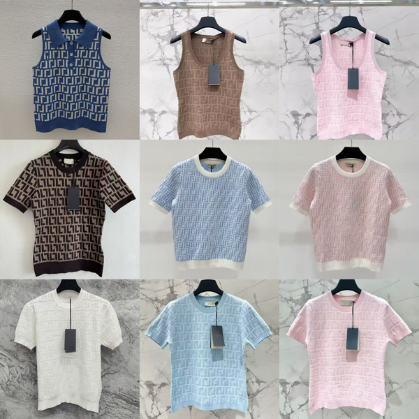 Womens Designer T Shirt Luxury Jacquard Knit Short Sleeve Textured Geometric Pattern Slim Fit Summer Tops - Apparel - zorviavip