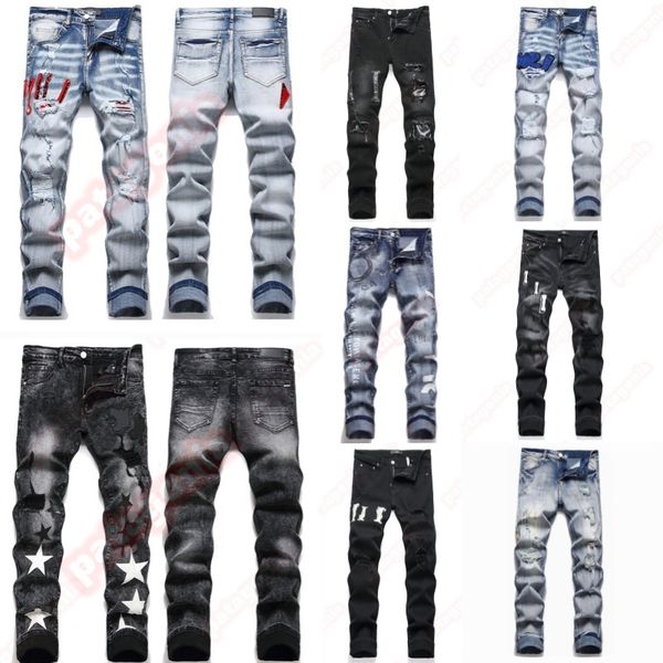 Mens Designer jeans Fashion Jeans European America Style Jean Streetwear Letter Embroidery Pants Patchwork Ripped For Motorcycle Pant Skinny Jeans - Apparel - zorviavip