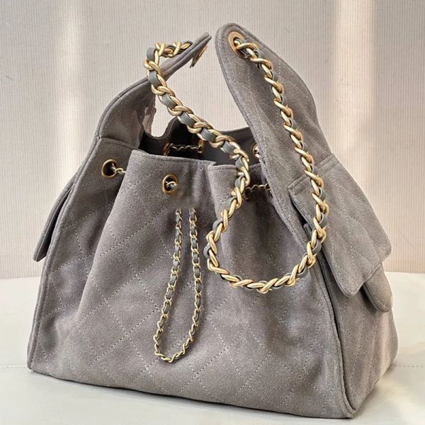 Designer Bag String Bucket Tote bag Large Suede Leather Gray Casual Long Chain Crossbody Fashion with box - Bags, Luggage & Accessories - zorviavip
